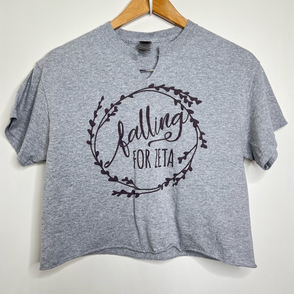 Falling for Zeta Crop Top Size Medium Gray Notched Neckline Raw Hem Sorority